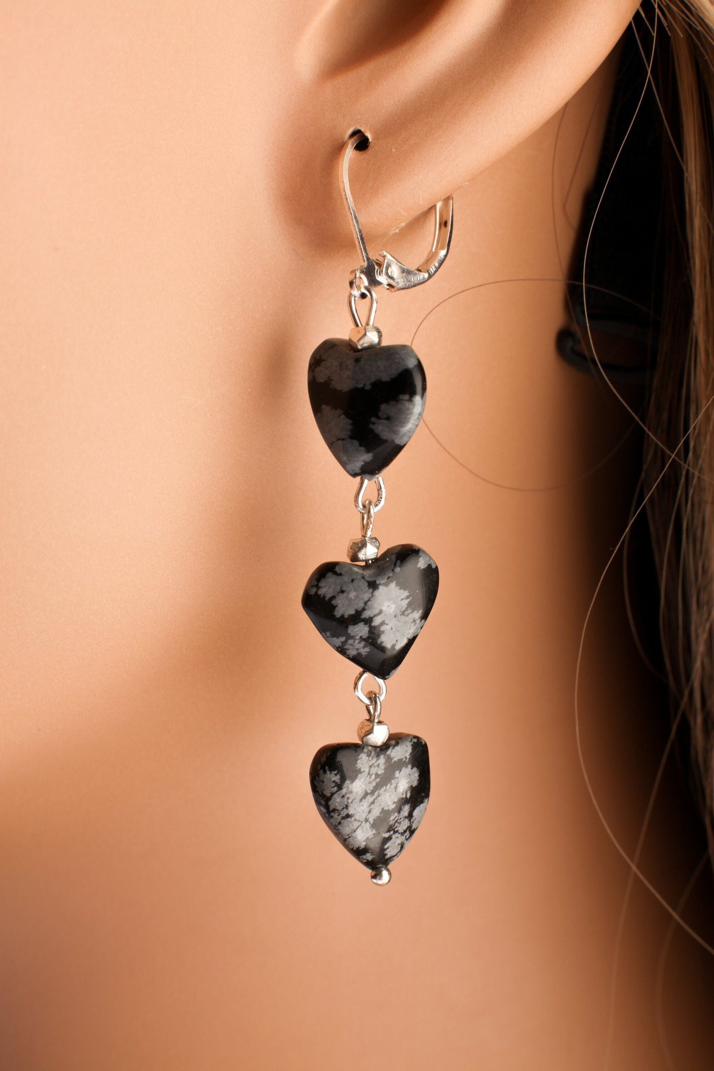 Snow Flake Obsidian 12mm Heart, Dangling 3 Hearts, Silver Leverback Earrings, Vintage Natural Gemstone Handmade Gift For Her