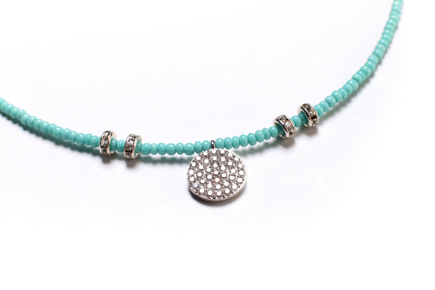 Turquoise blue Aqua quartz with CZ disc pendant , Magnetic Ball Clasp Choker 14&quot; only