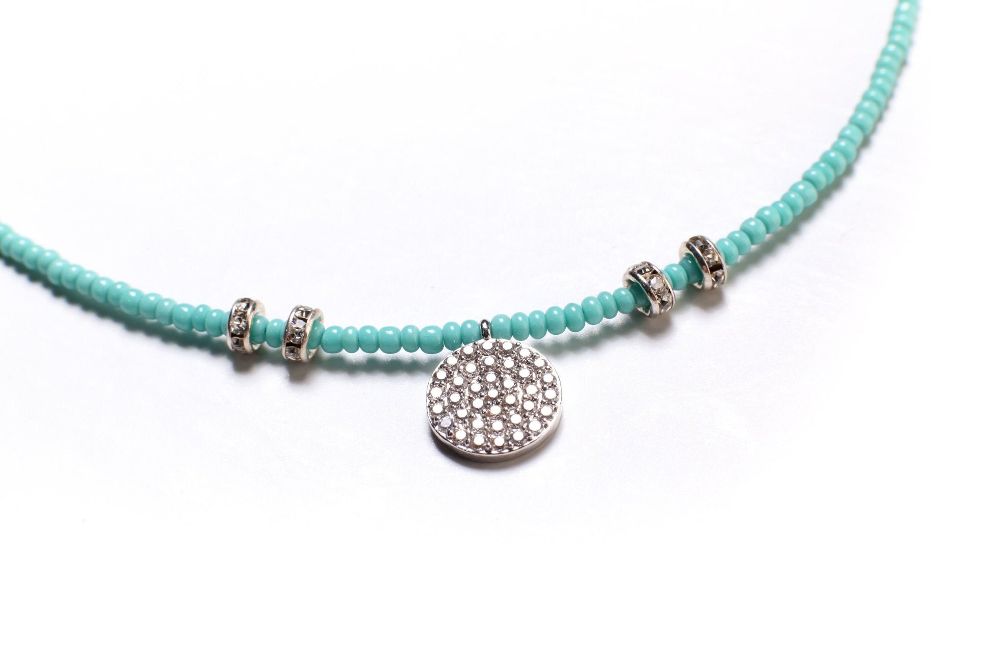 Turquoise blue Aqua quartz with CZ disc pendant , Magnetic Ball Clasp Choker 14&quot; only