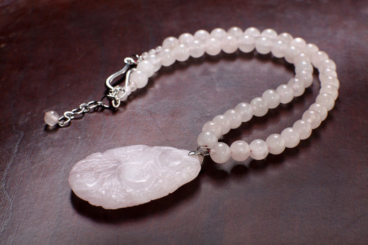 Rose Quartz Necklace, Natural Madagascar Rose Quartz 37x53mm hand Carved Vintage Double Sided Peach Blossom Pendant 19" plus 2"Extention .
