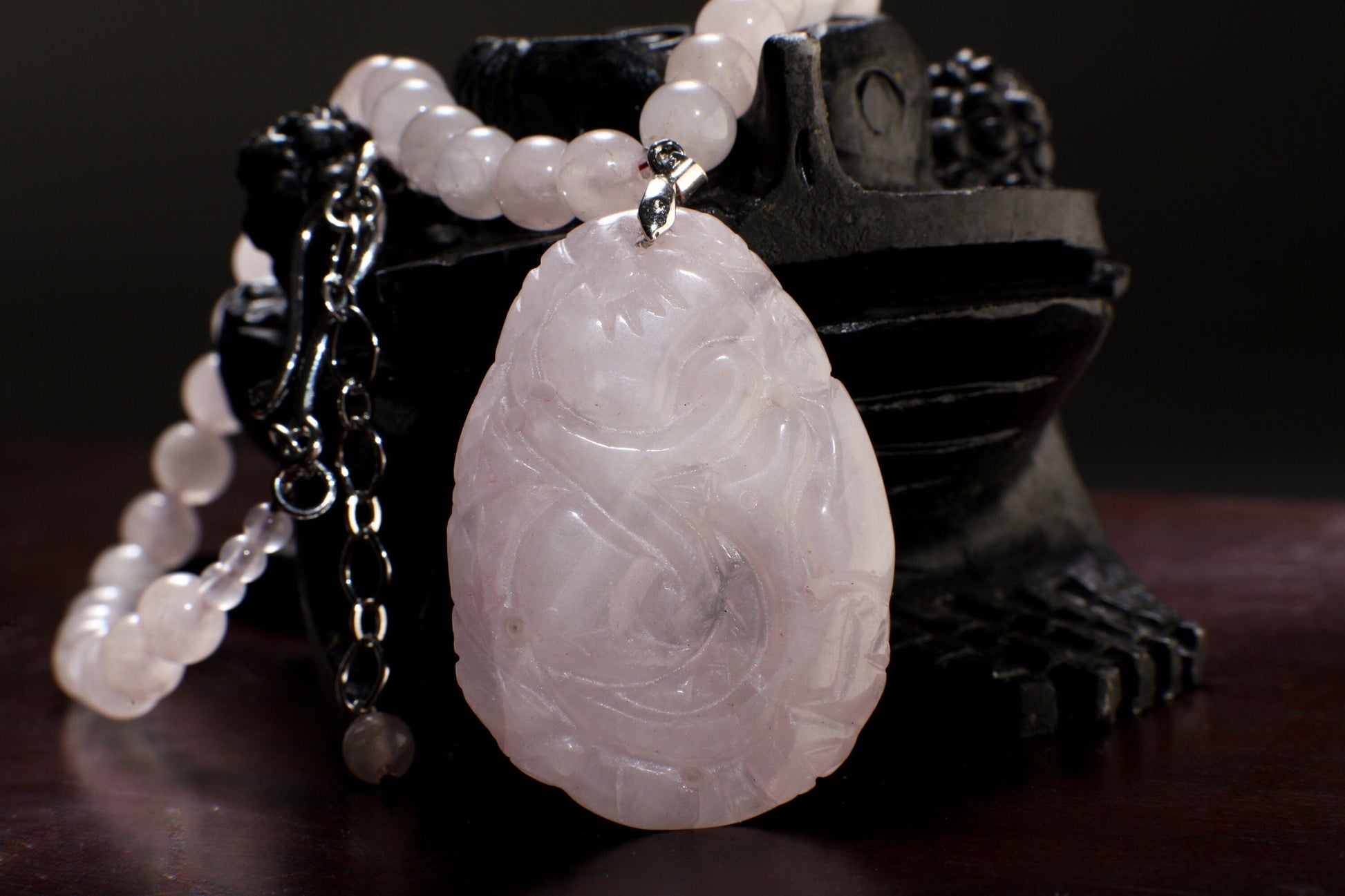 Rose Quartz Necklace, Natural Madagascar Rose Quartz 37x53mm hand Carved Vintage Double Sided Peach Blossom Pendant 19&quot; plus 2&quot;Extention .