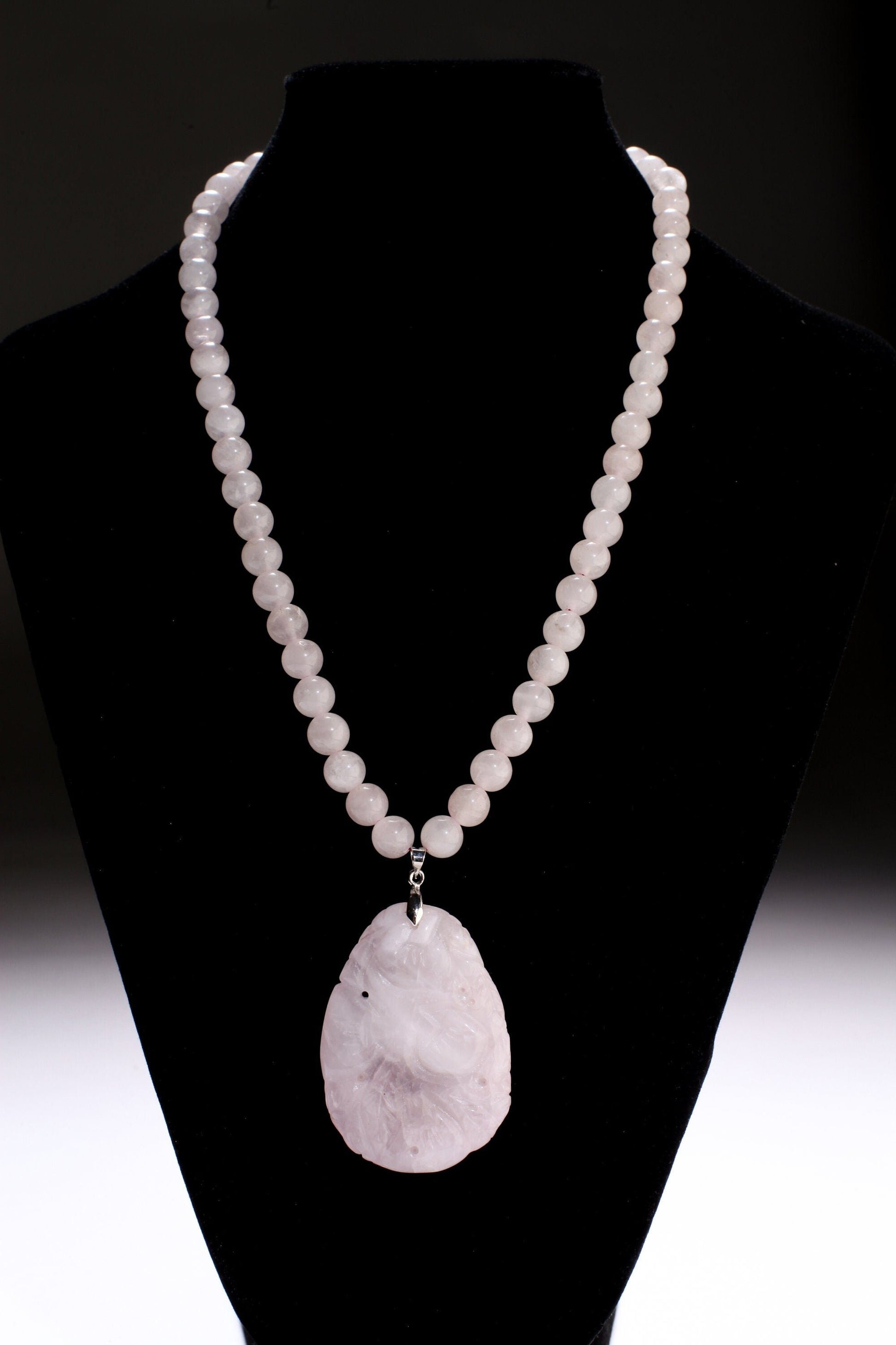 Rose Quartz Necklace, Natural Madagascar Rose Quartz 37x53mm hand Carved Vintage Double Sided Peach Blossom Pendant 19&quot; plus 2&quot;Extention .