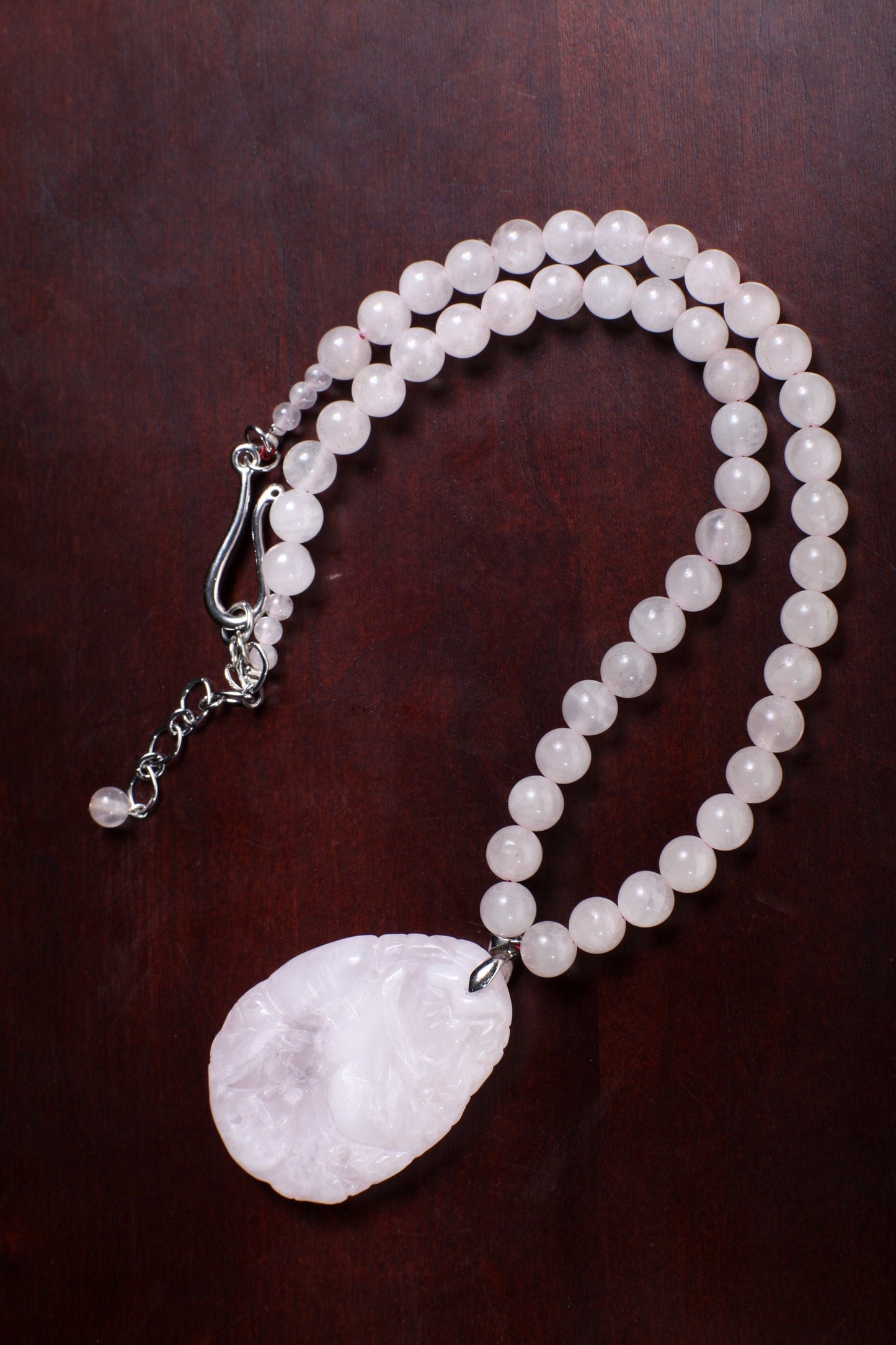 Rose Quartz Necklace, Natural Madagascar Rose Quartz 37x53mm hand Carved Vintage Double Sided Peach Blossom Pendant 19" plus 2"Extention .