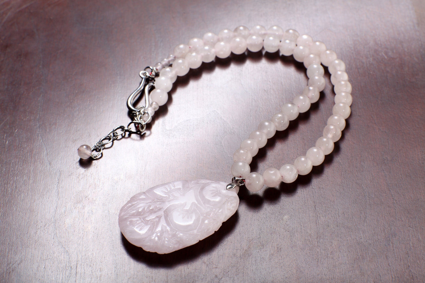 Rose Quartz Necklace, Natural Madagascar Rose Quartz 37x53mm hand Carved Vintage Double Sided Peach Blossom Pendant 19&quot; plus 2&quot;Extention .