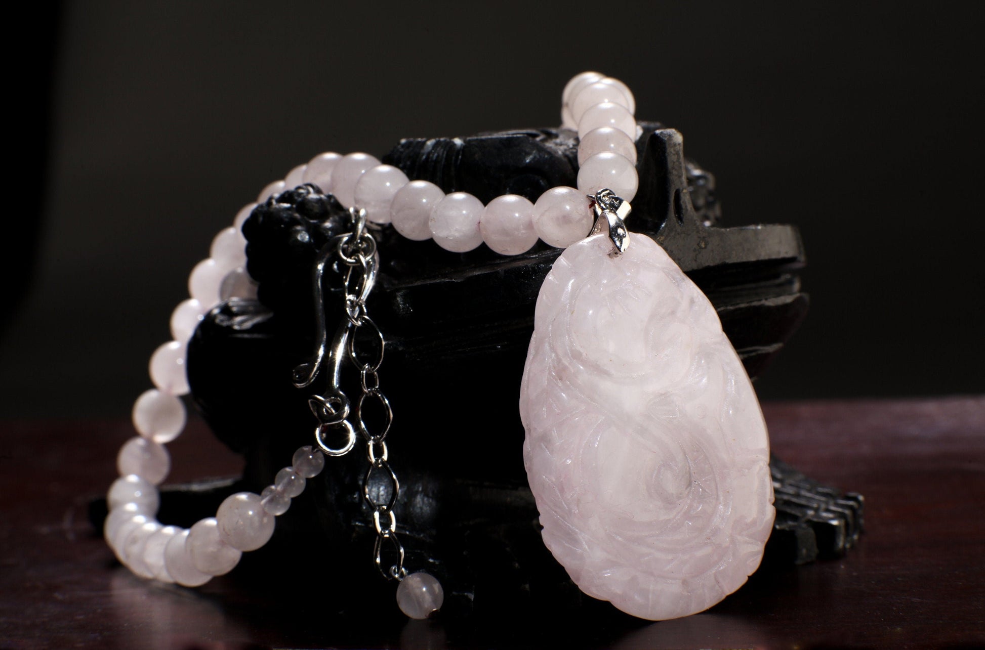 Rose Quartz Necklace, Natural Madagascar Rose Quartz 37x53mm hand Carved Vintage Double Sided Peach Blossom Pendant 19" plus 2"Extention .