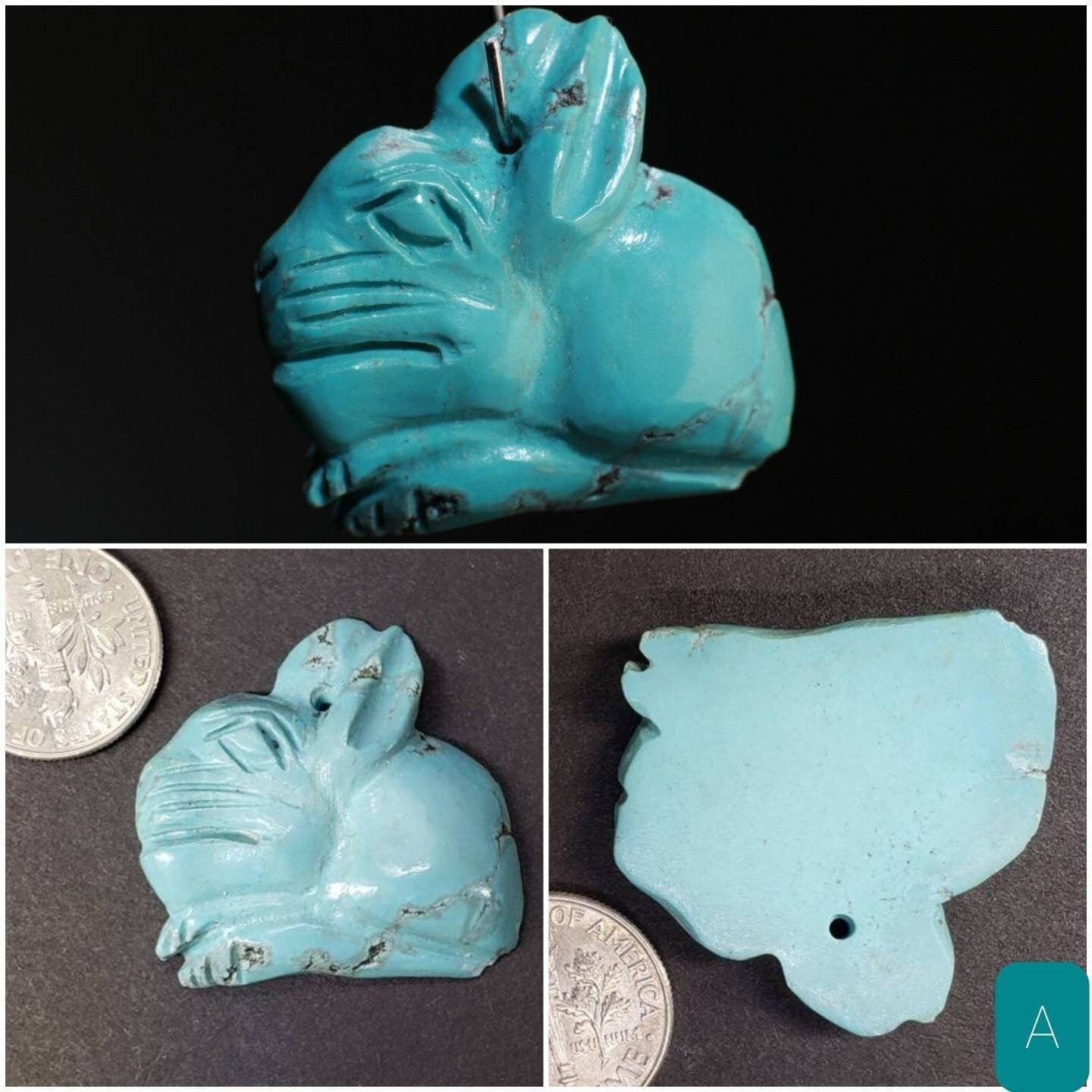 Natural Turquoise Hand Crafted Rabbit Pendant, Top Drilled Miniature Animals Collectible Figurines Vintage Sculpture, Old Stock