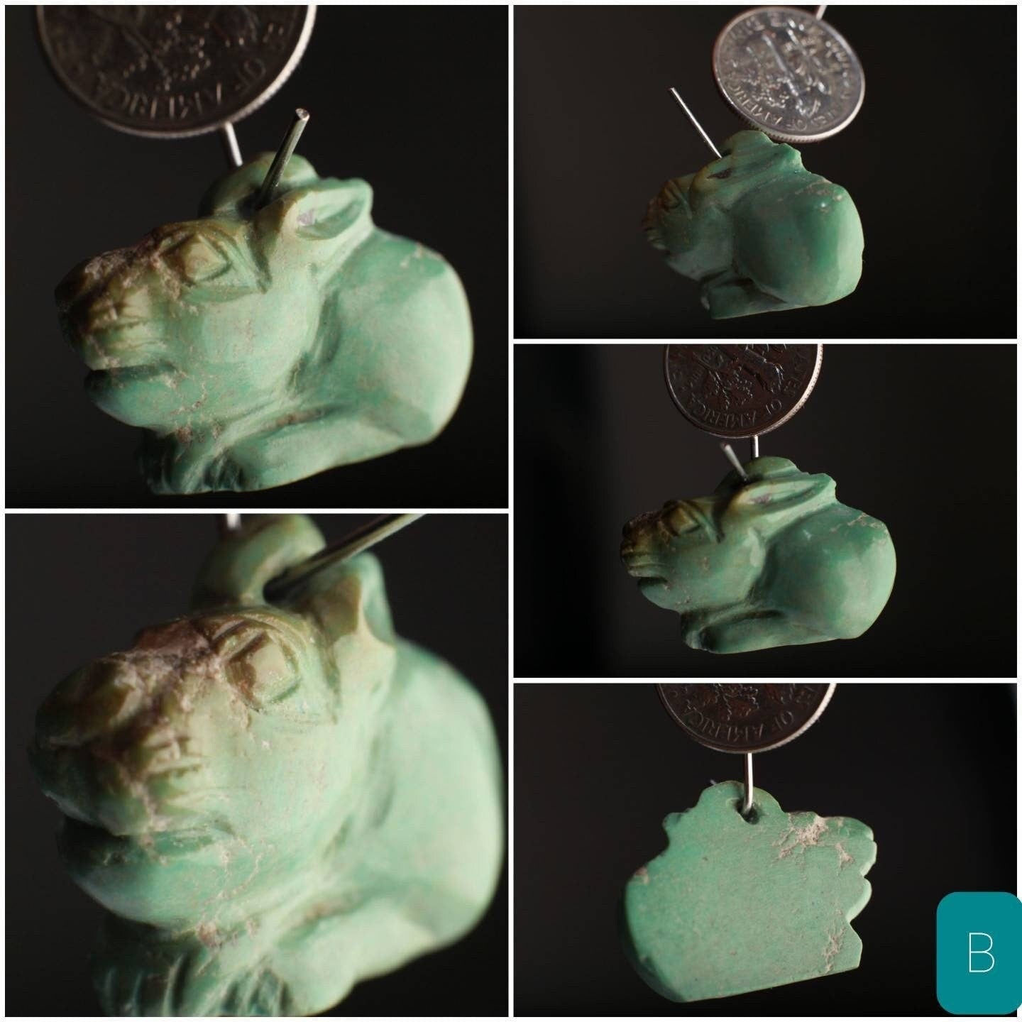 Natural Turquoise Hand Crafted Rabbit Pendant, Top Drilled Miniature Animals Collectible Figurines Vintage Sculpture, Old Stock