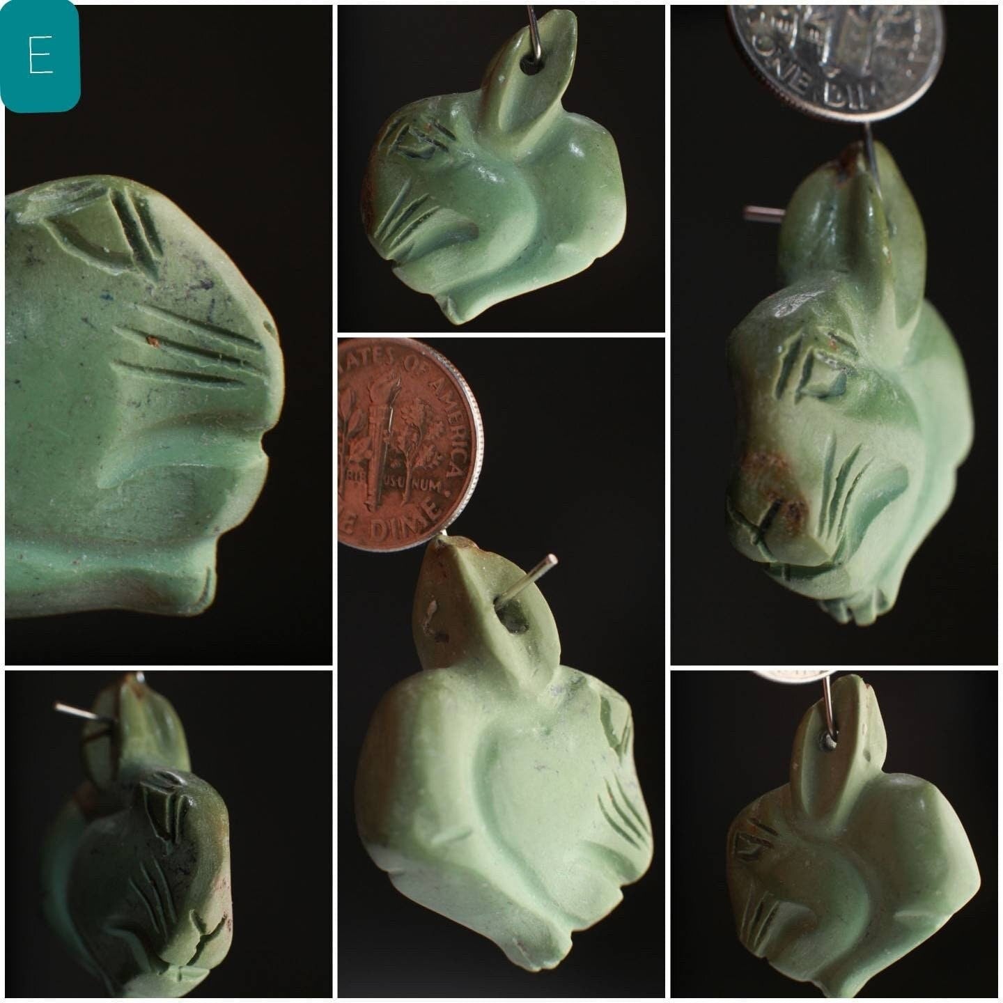 Natural Turquoise Hand Crafted Rabbit Pendant, Top Drilled Miniature Animals Collectible Figurines Vintage Sculpture, Old Stock