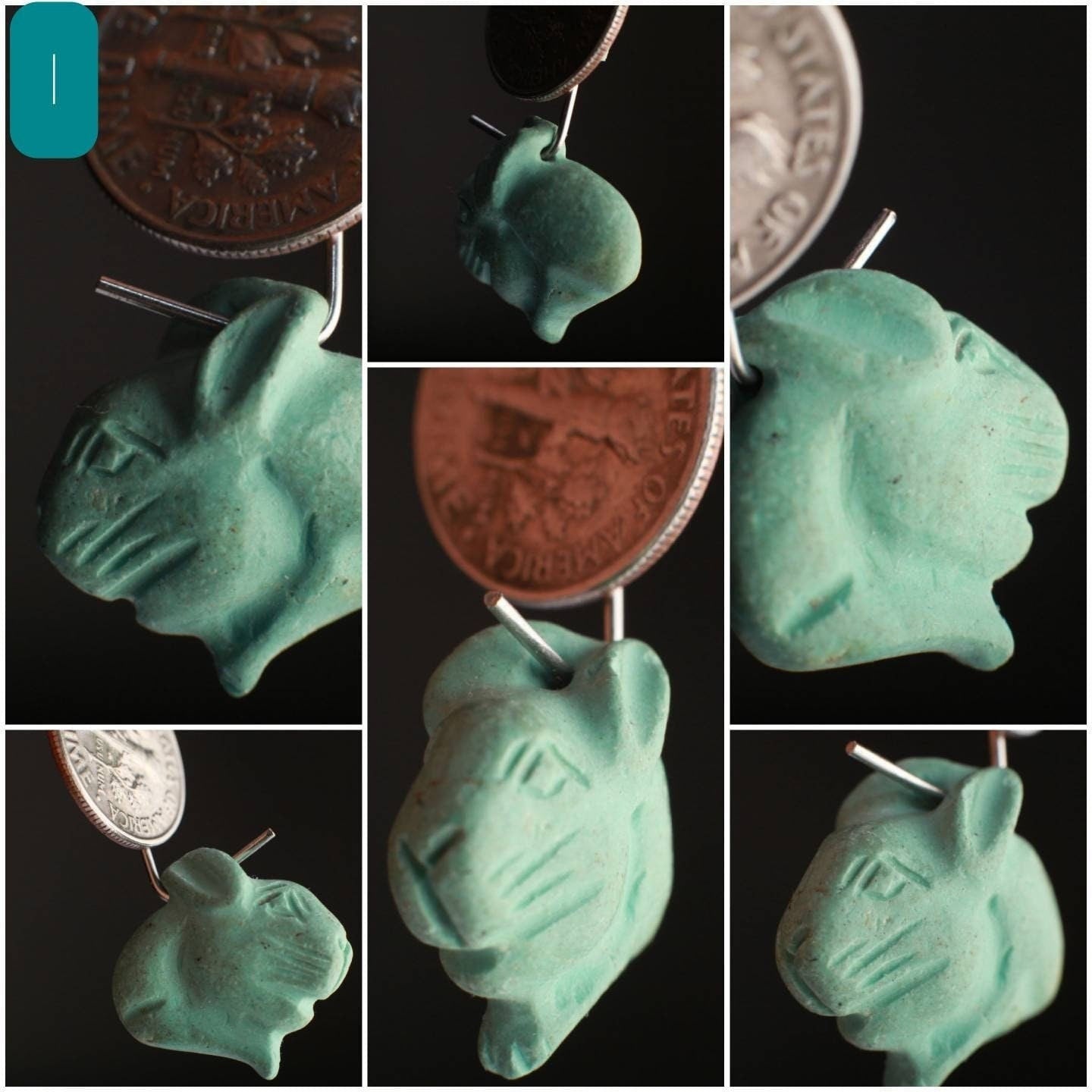 Natural Turquoise Hand Crafted Rabbit Pendant, Top Drilled Miniature Animals Collectible Figurines Vintage Sculpture, Old Stock