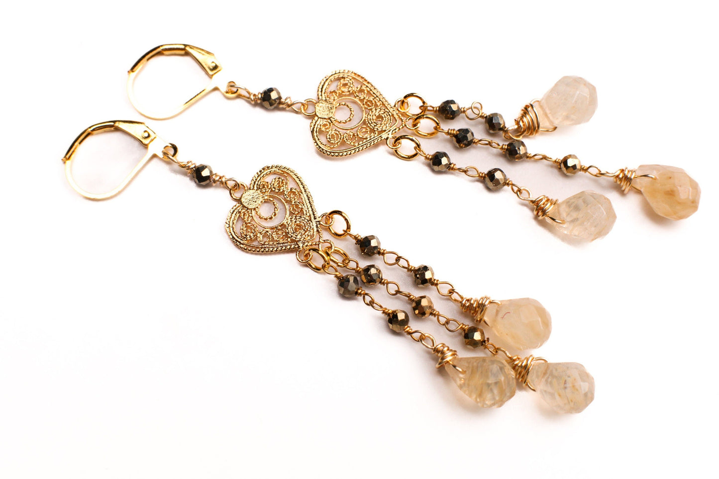 Gold Rutilated Quartz, Pyrite Filigree Chandelier Heart, Dangling Faceted Briolette Teardrop Gold heart Leverback Earrings, Handmade Gift