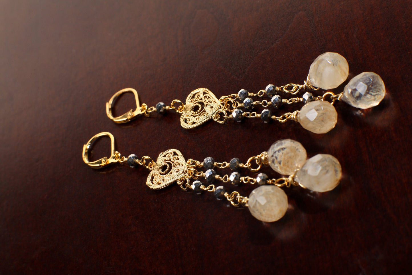 Gold Rutilated Quartz, Pyrite Filigree Chandelier Heart, Dangling Faceted Briolette Teardrop Gold heart Leverback Earrings, Handmade Gift