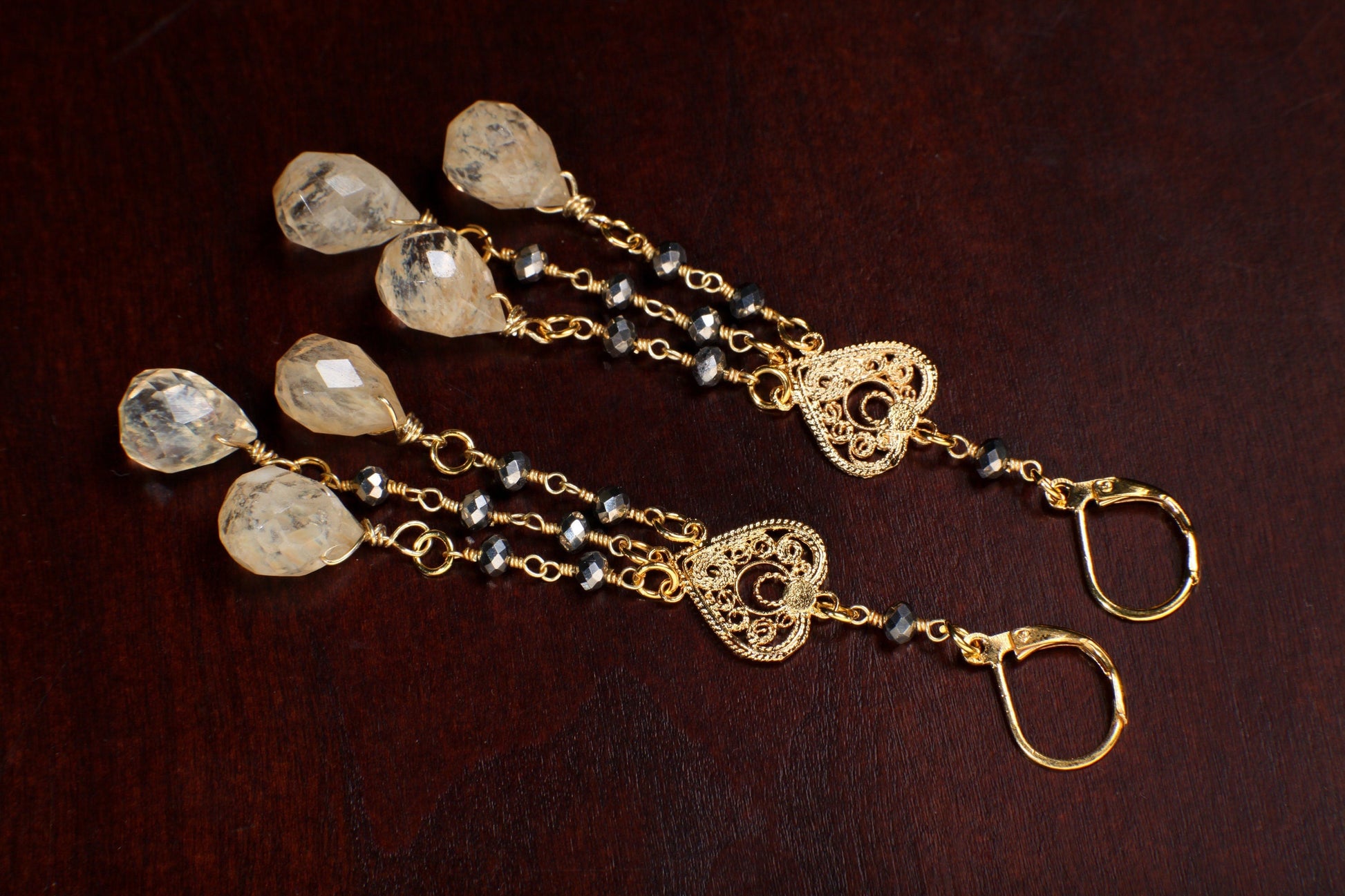 Gold Rutilated Quartz, Pyrite Filigree Chandelier Heart, Dangling Faceted Briolette Teardrop Gold heart Leverback Earrings, Handmade Gift