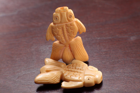 Carved Buffalo Bone Gold Fish, 25x38mm Hand Crafted Double Sided Animal Figurine Drilled Bead, Art Deco