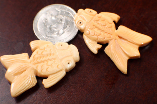Carved Buffalo Bone Gold Fish, 25x38mm Hand Crafted Double Sided Animal Figurine Drilled Bead, Art Deco