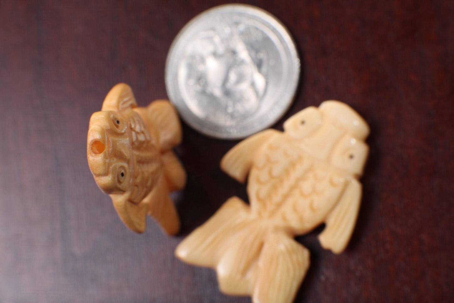 Carved Buffalo Bone Gold Fish, 25x38mm Hand Crafted Double Sided Animal Figurine Drilled Bead, Art Deco