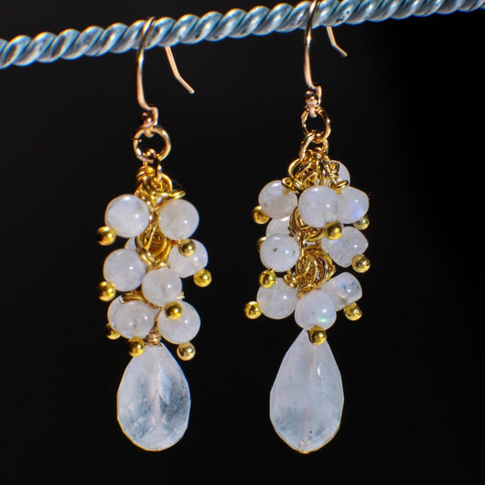 Moonstone Earring, Genuine Moonstone Clusters & Teardrop Wire Wrapped in 14K Gold Filled EarWire, June Birthstone,Bridal,White Earring, Gift