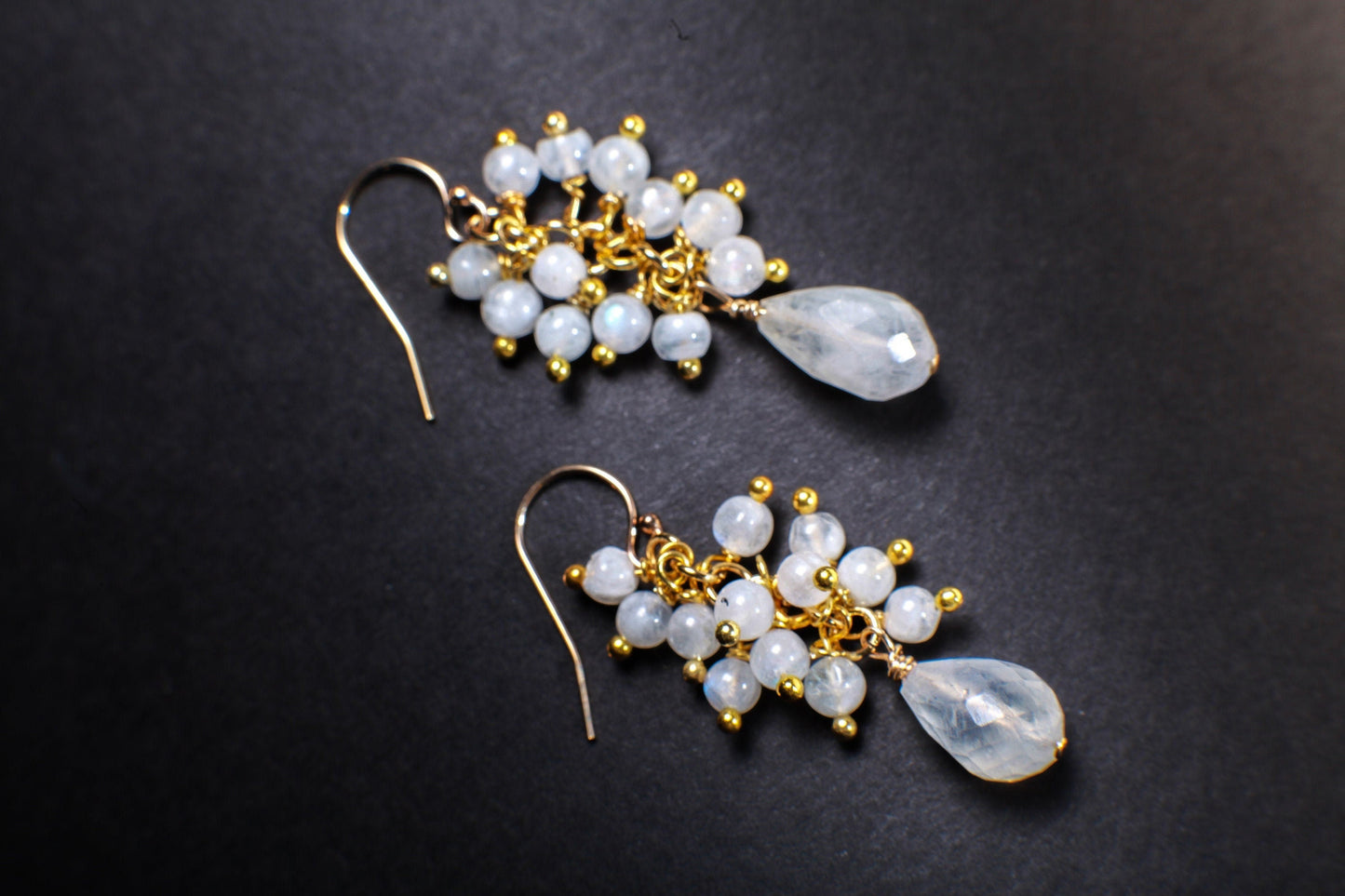 Moonstone Earring, Genuine Moonstone Clusters & Teardrop Wire Wrapped in 14K Gold Filled EarWire, June Birthstone,Bridal,White Earring, Gift