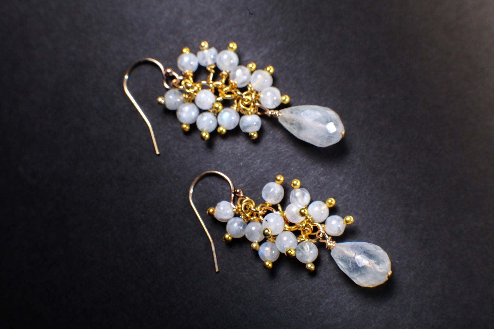 Moonstone Earring, Genuine Moonstone Clusters & Teardrop Wire Wrapped in 14K Gold Filled EarWire, June Birthstone,Bridal,White Earring, Gift