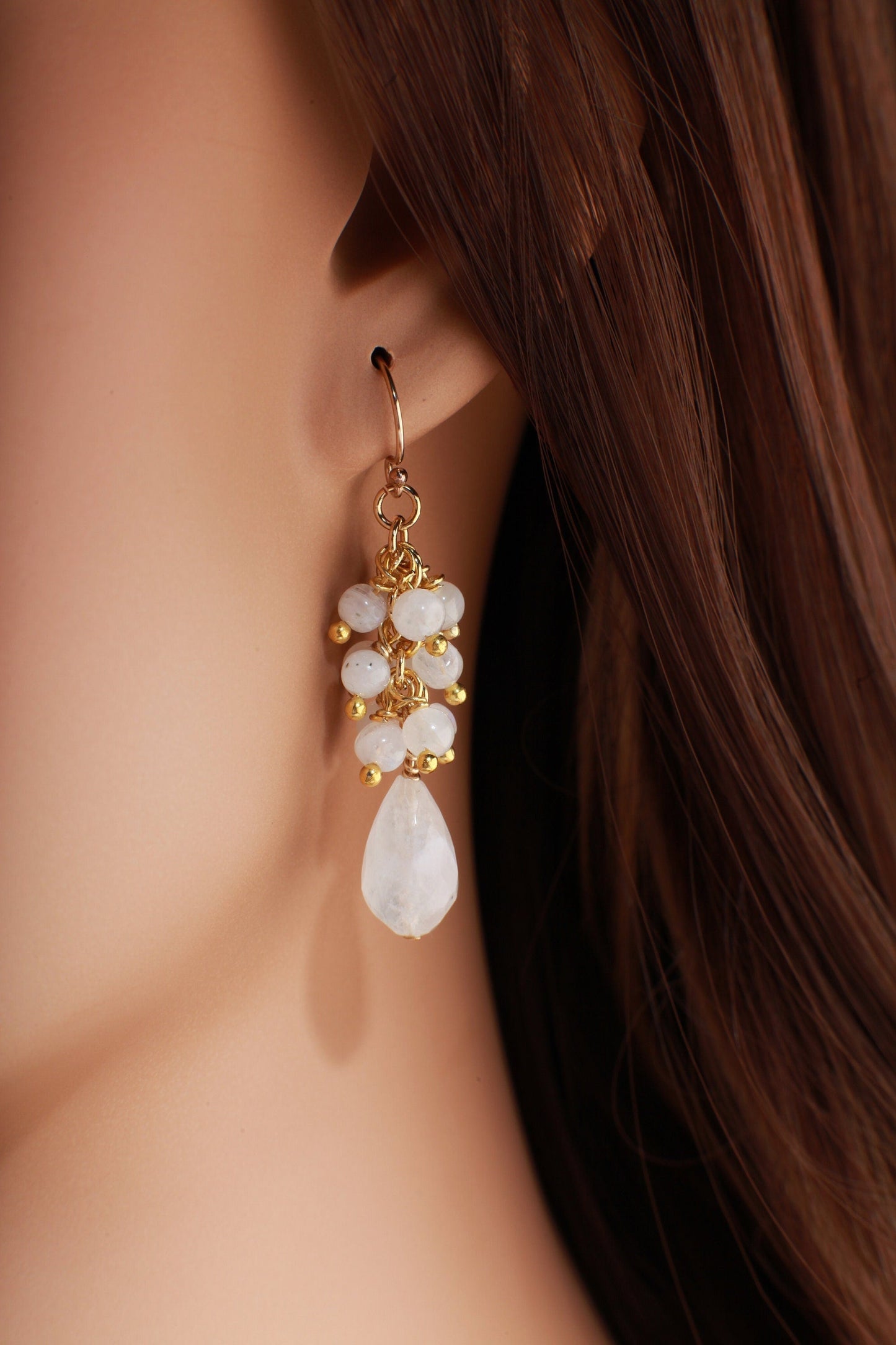 Moonstone Earring, Genuine Moonstone Clusters & Teardrop Wire Wrapped in 14K Gold Filled EarWire, June Birthstone,Bridal,White Earring, Gift