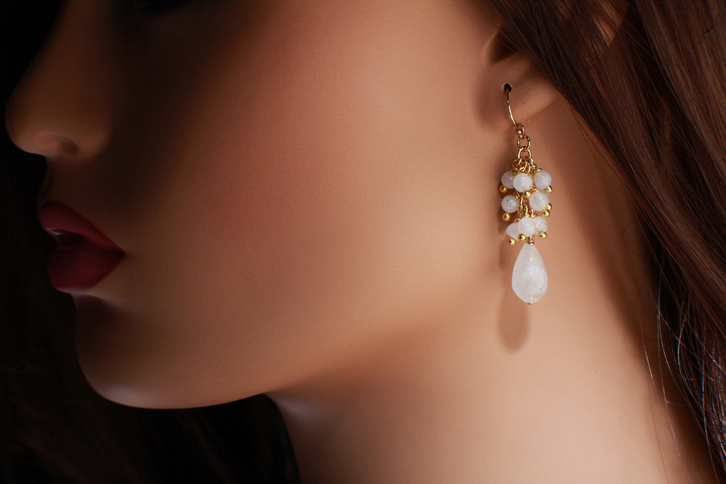 Moonstone Earring, Genuine Moonstone Clusters & Teardrop Wire Wrapped in 14K Gold Filled EarWire, June Birthstone,Bridal,White Earring, Gift