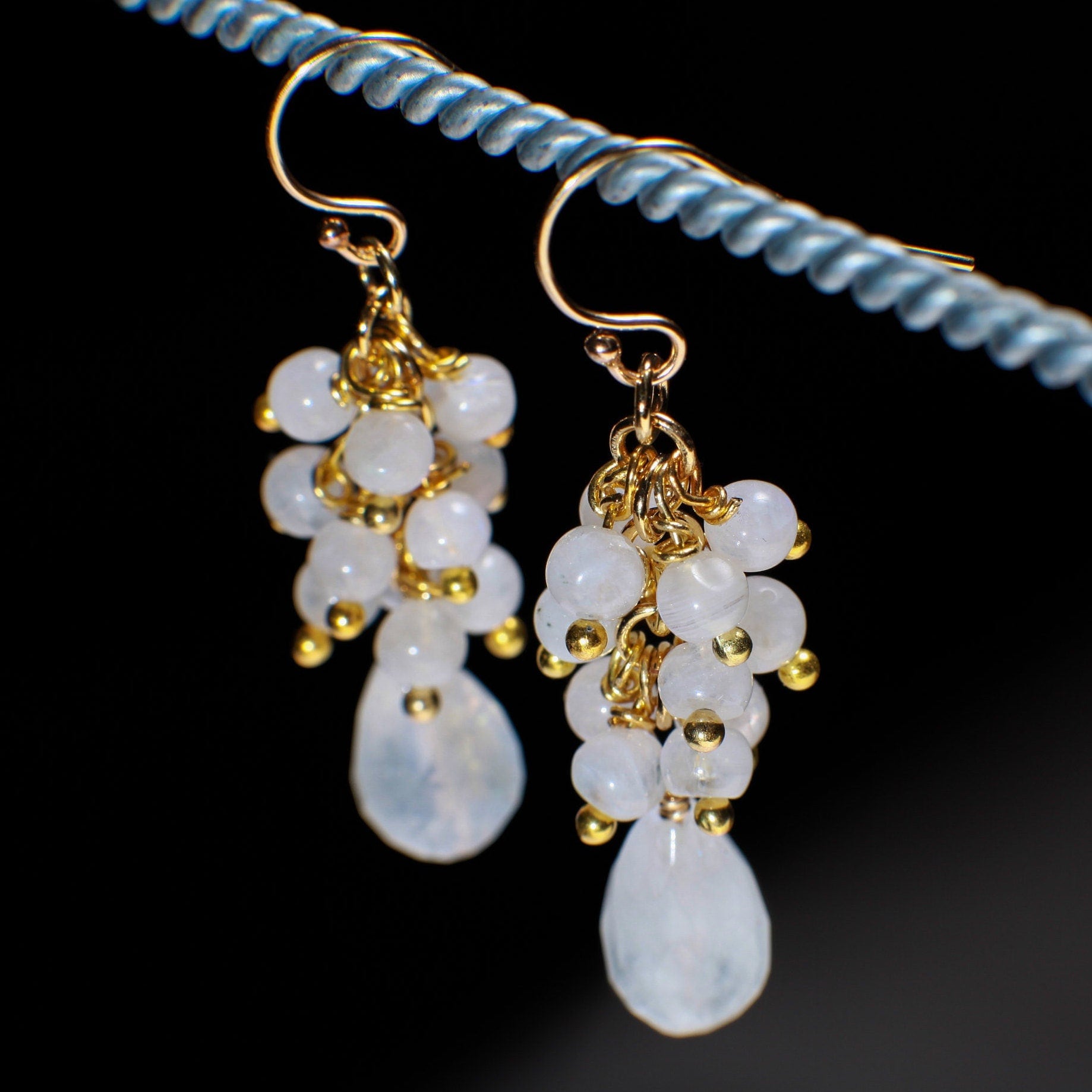 Moonstone Earring, Genuine Moonstone Clusters & Teardrop Wire Wrapped in 14K Gold Filled EarWire, June Birthstone,Bridal,White Earring, Gift
