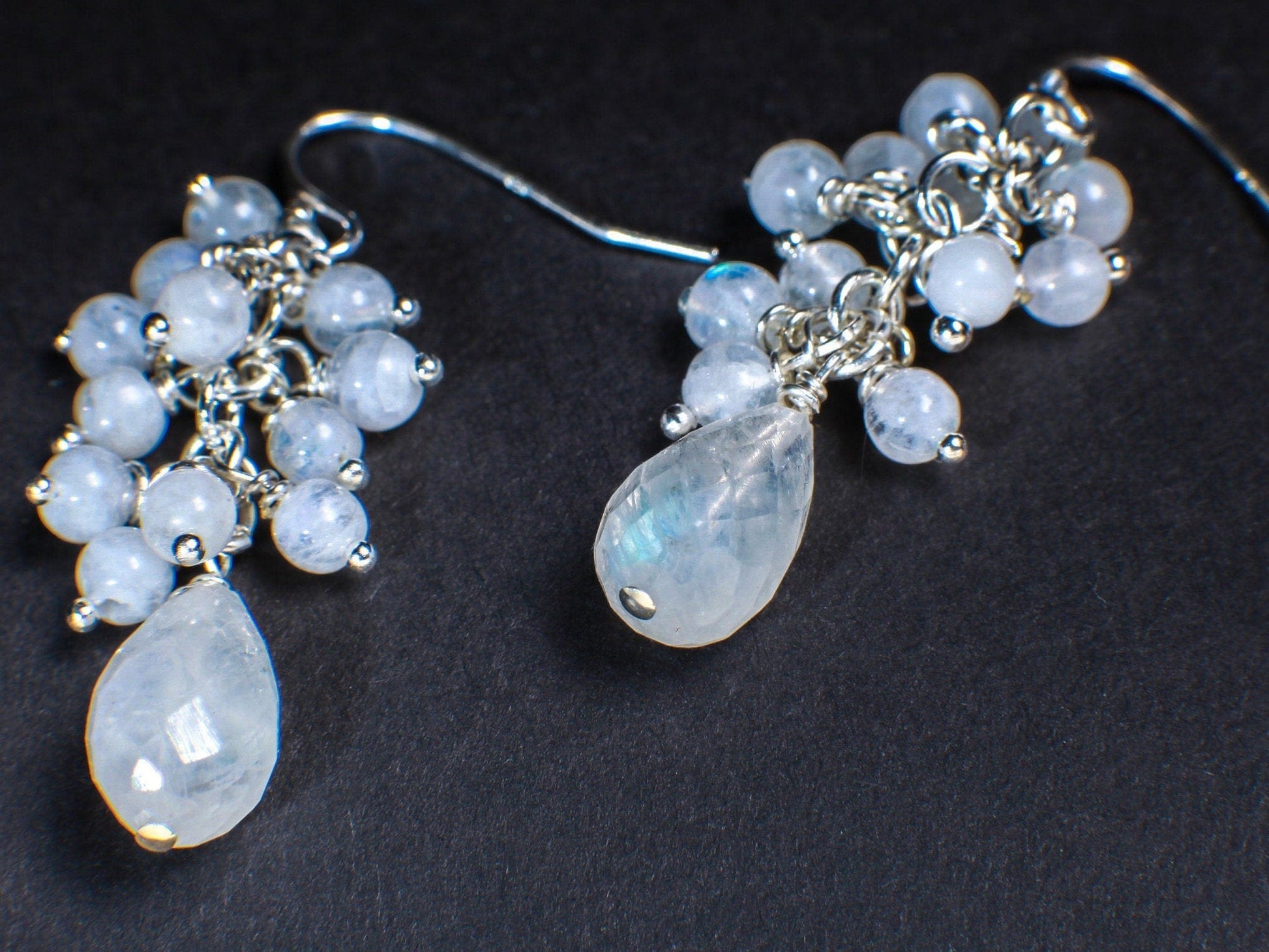 Moonstone Earring, Genuine Moonstone Clusters & Teardrop Wire Wrapped in 14K Gold Filled EarWire, June Birthstone,Bridal,White Earring, Gift