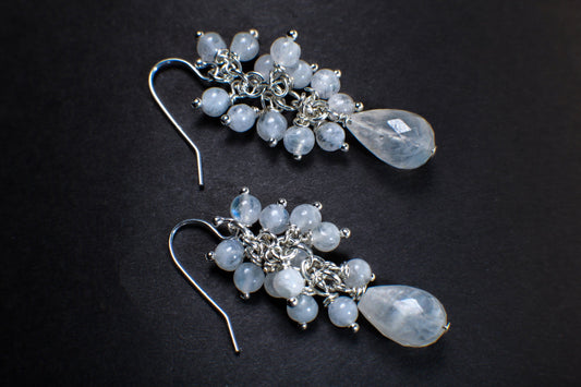 Moonstone Earrings Briolette Teardrop Accents with Moonstone Clusters in 925 Sterling Silver Ear Wire, Gemstone Stateme Earring Bridal Gift