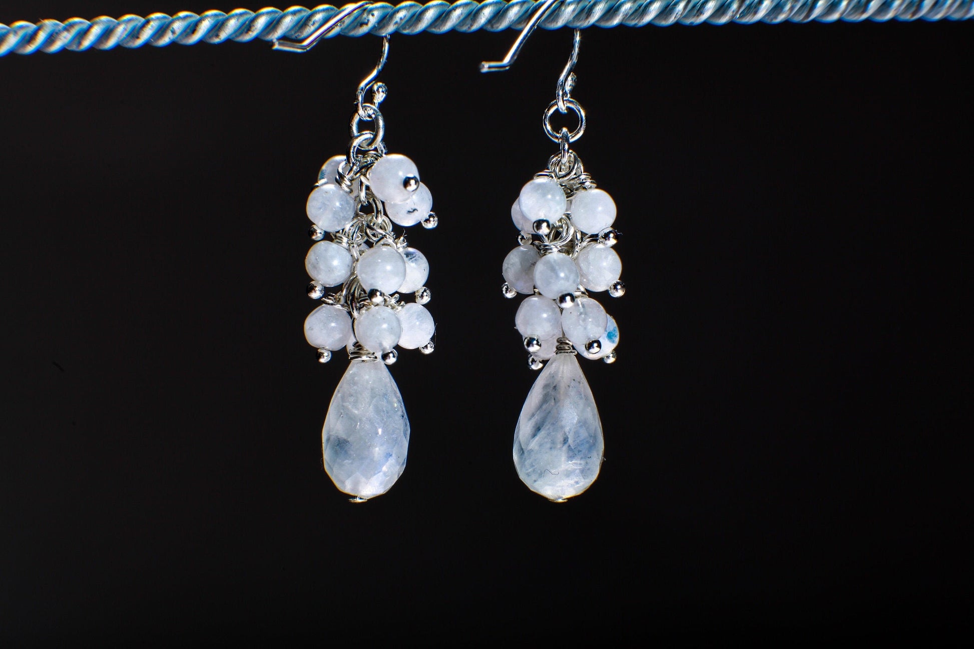 Moonstone Earrings Briolette Teardrop Accents with Moonstone Clusters in 925 Sterling Silver Ear Wire, Gemstone Stateme Earring Bridal Gift