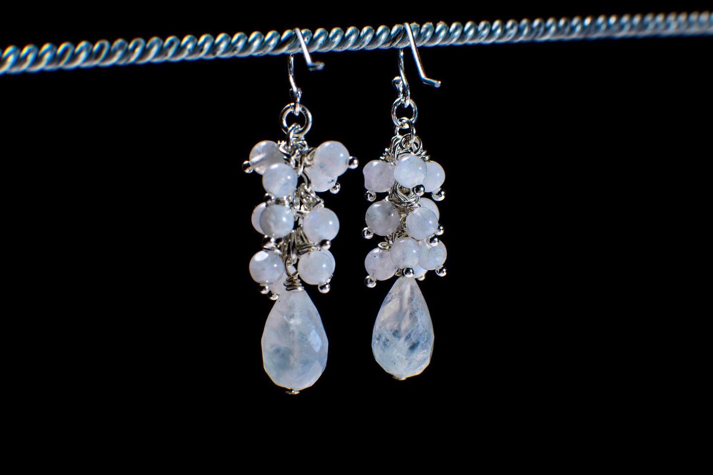 Moonstone Earrings Briolette Teardrop Accents with Moonstone Clusters in 925 Sterling Silver Ear Wire, Gemstone Stateme Earring Bridal Gift