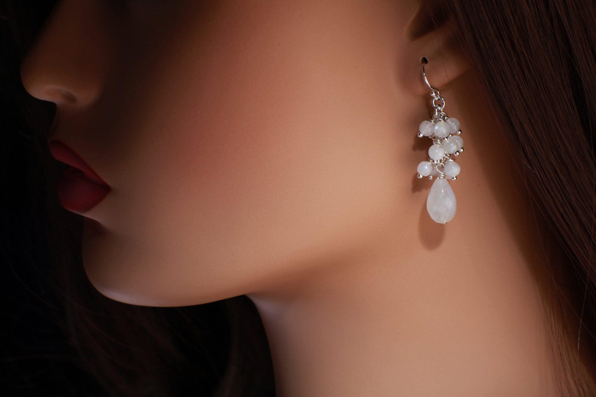 Moonstone Earrings Briolette Teardrop Accents with Moonstone Clusters in 925 Sterling Silver Ear Wire, Gemstone Stateme Earring Bridal Gift