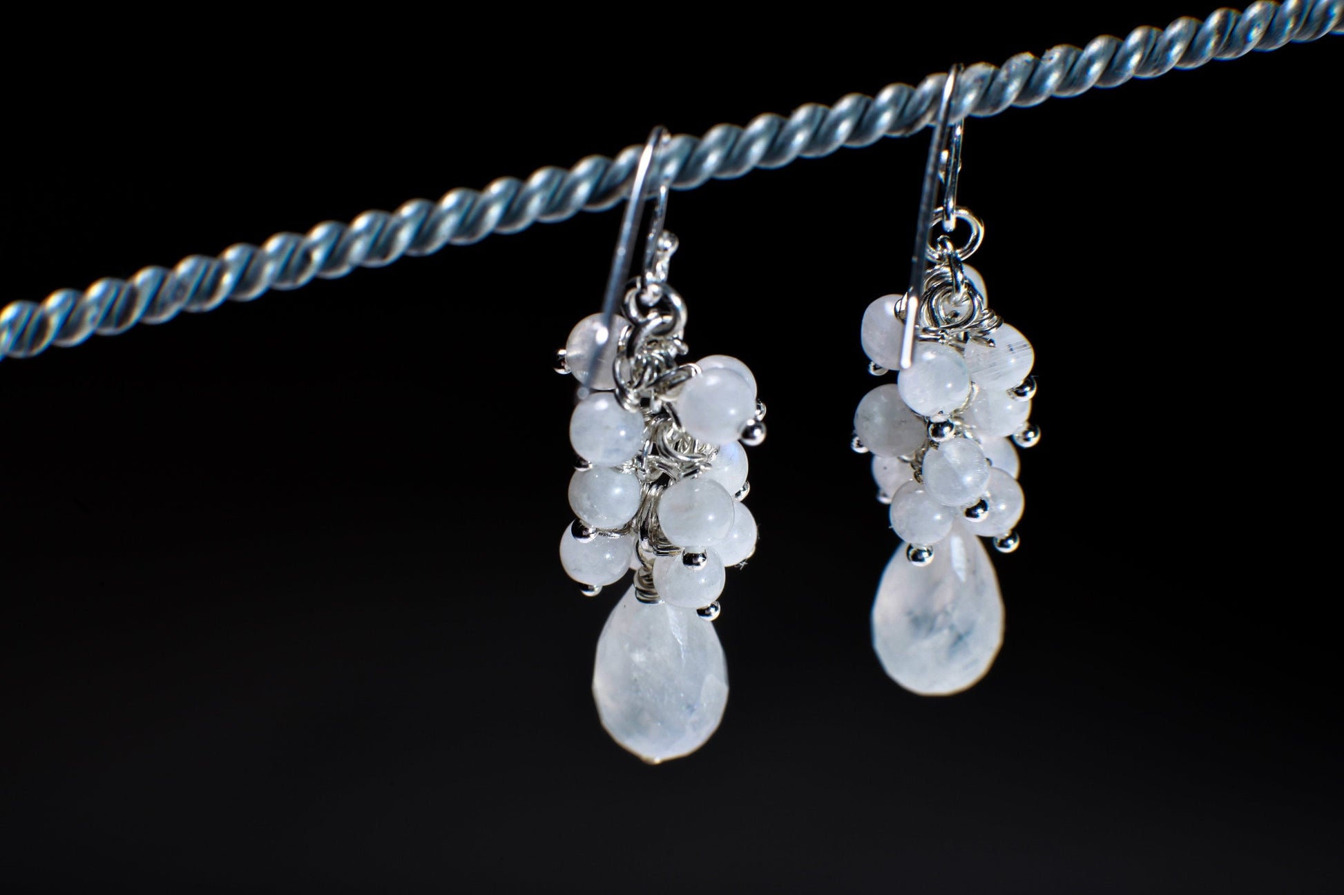 Moonstone Earrings Briolette Teardrop Accents with Moonstone Clusters in 925 Sterling Silver Ear Wire, Gemstone Stateme Earring Bridal Gift