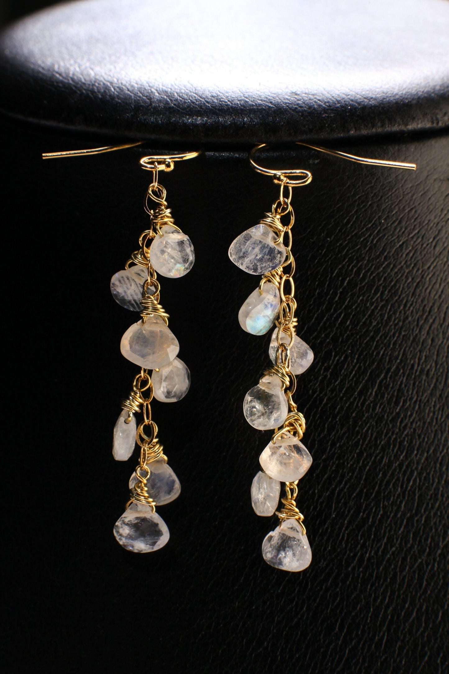 Rainbow Moonstone Faceted Heart Teardrop 14K Gold Filled Cascade Earrings, Handmade wire wrap natural Gemstone Bridal June birthdtone Gift
