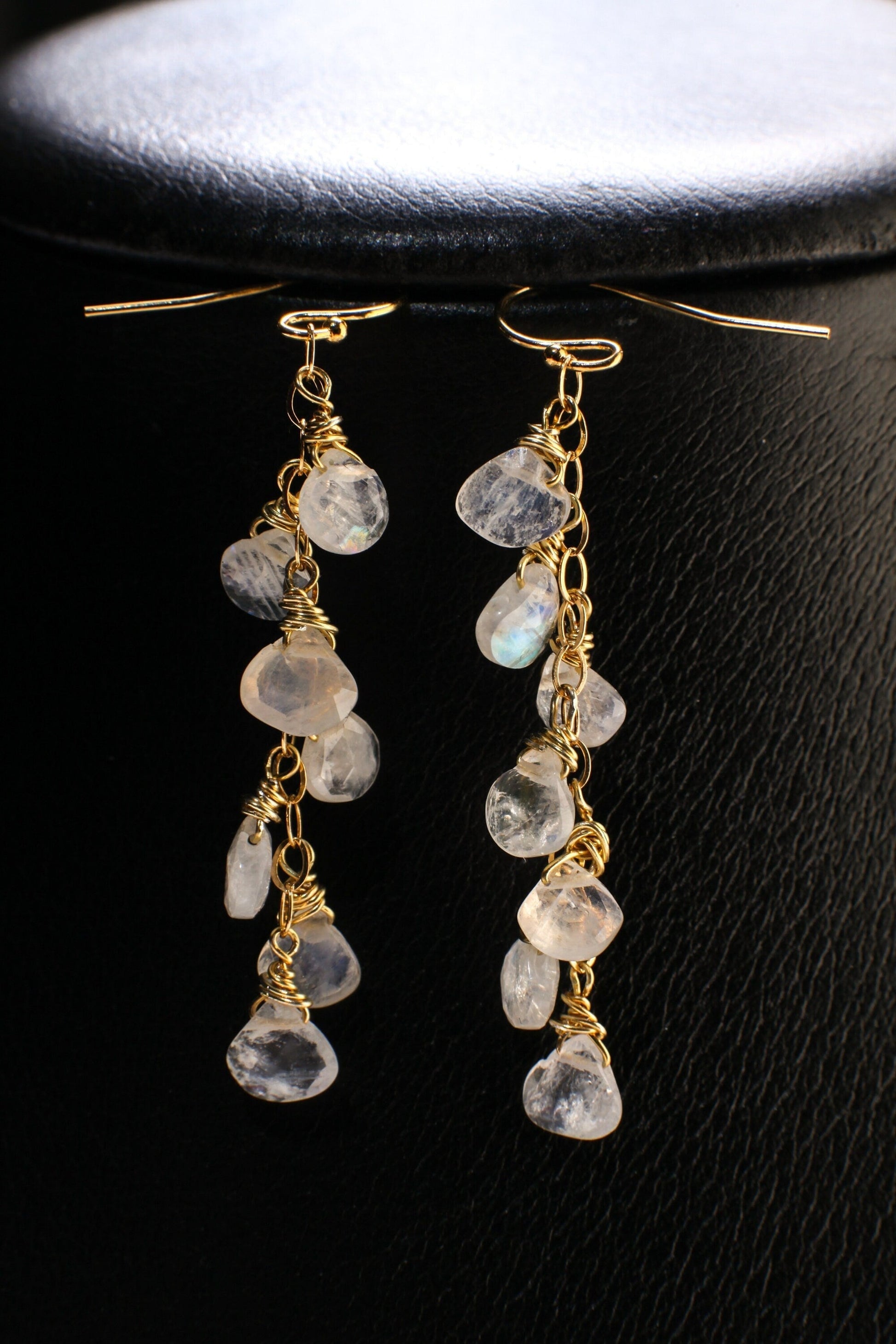 Rainbow Moonstone Faceted Heart Teardrop 14K Gold Filled Cascade Earrings, Handmade wire wrap natural Gemstone Bridal June birthdtone Gift