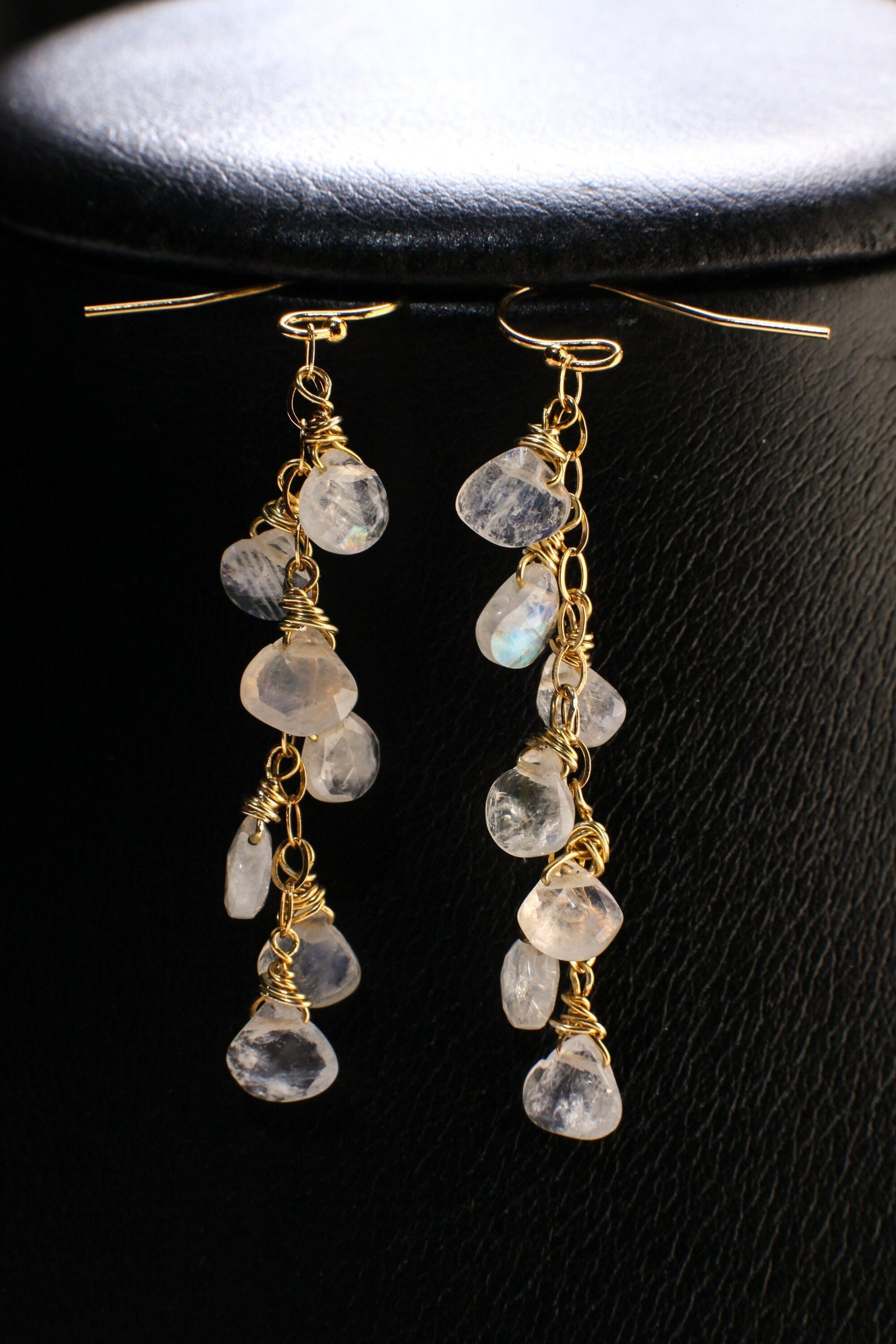Rainbow Moonstone Faceted Heart Teardrop 14K Gold Filled Cascade Earrings, Handmade wire wrap natural Gemstone Bridal June birthdtone Gift