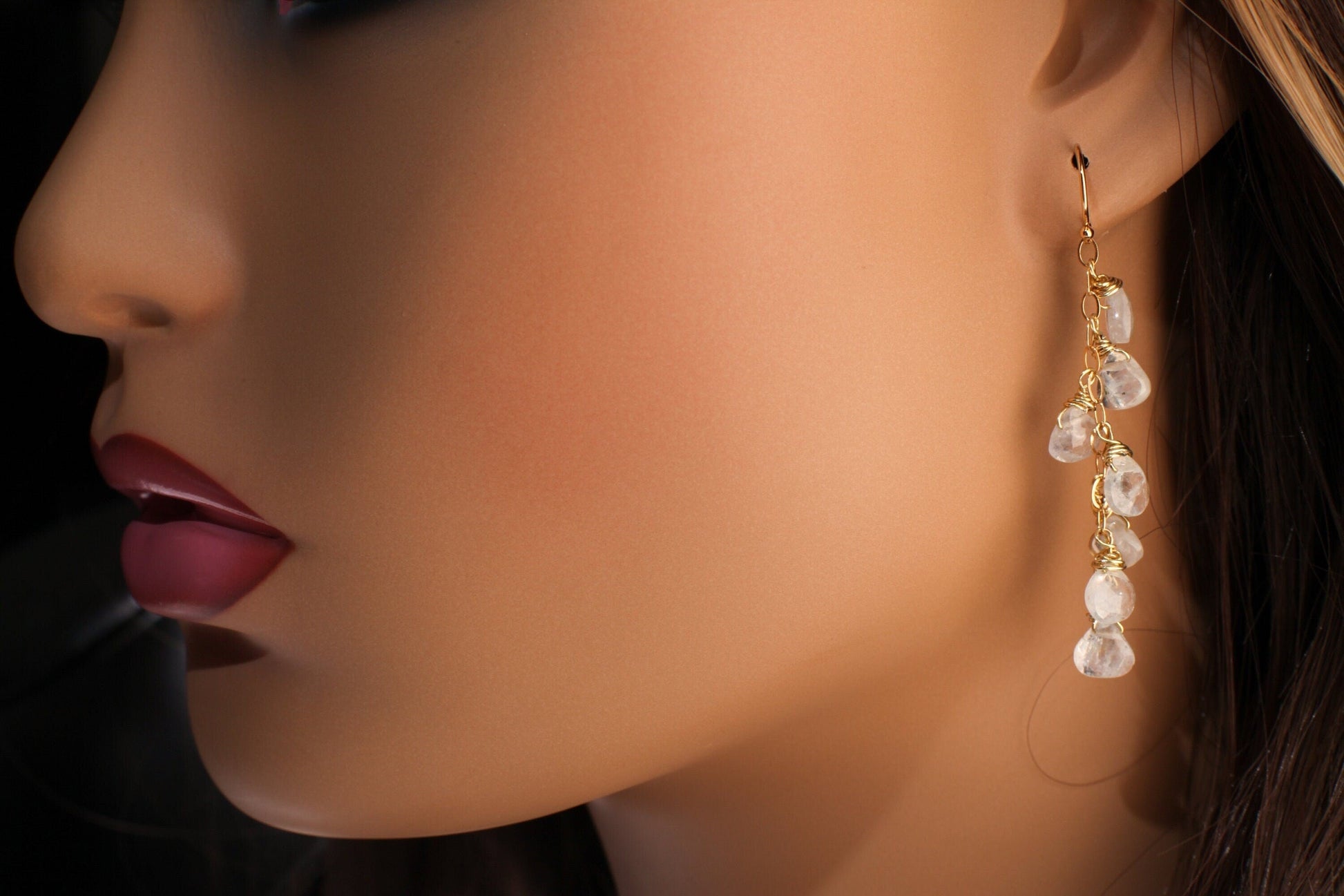 Rainbow Moonstone Faceted Heart Teardrop 14K Gold Filled Cascade Earrings, Handmade wire wrap natural Gemstone Bridal June birthdtone Gift