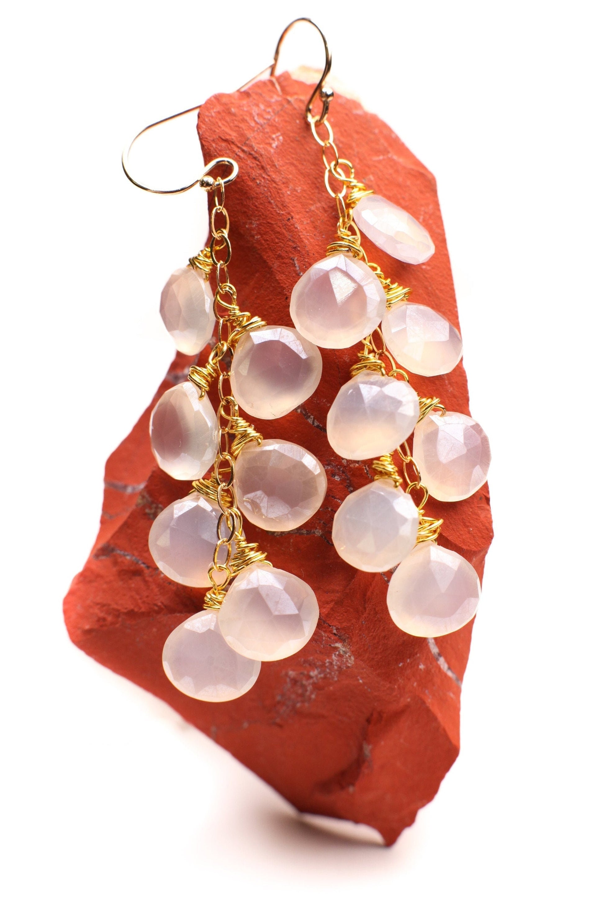 Rainbow Moonstone Faceted Heart Teardrop 14K Gold Filled Cascade Earrings, Handmade wire wrap natural Gemstone Bridal June birthdtone Gift