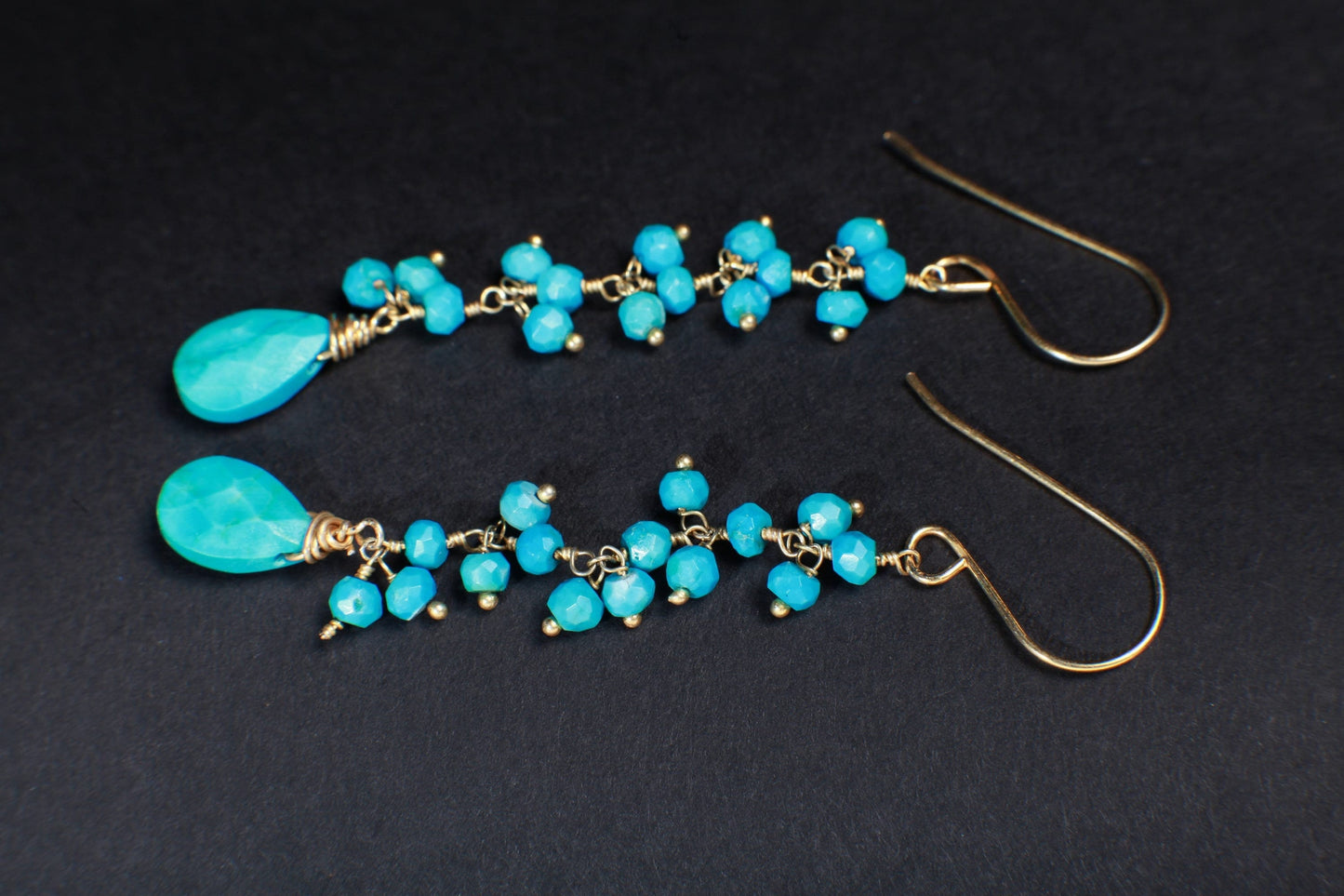 Genuine blue Turquoise Wire Wrapped dangling sleeping beauty tear drop,gold vermeil long earring.