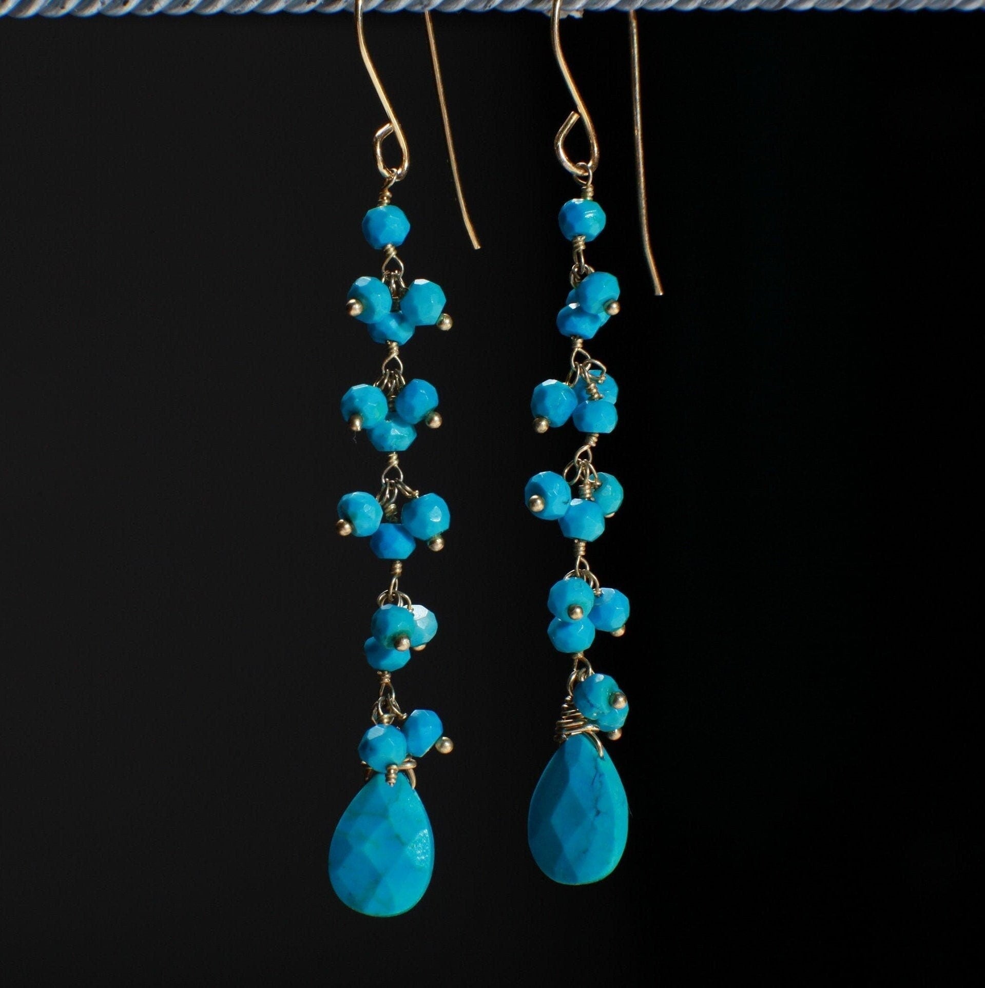 Genuine blue Turquoise Wire Wrapped dangling sleeping beauty tear drop,gold vermeil long earring.
