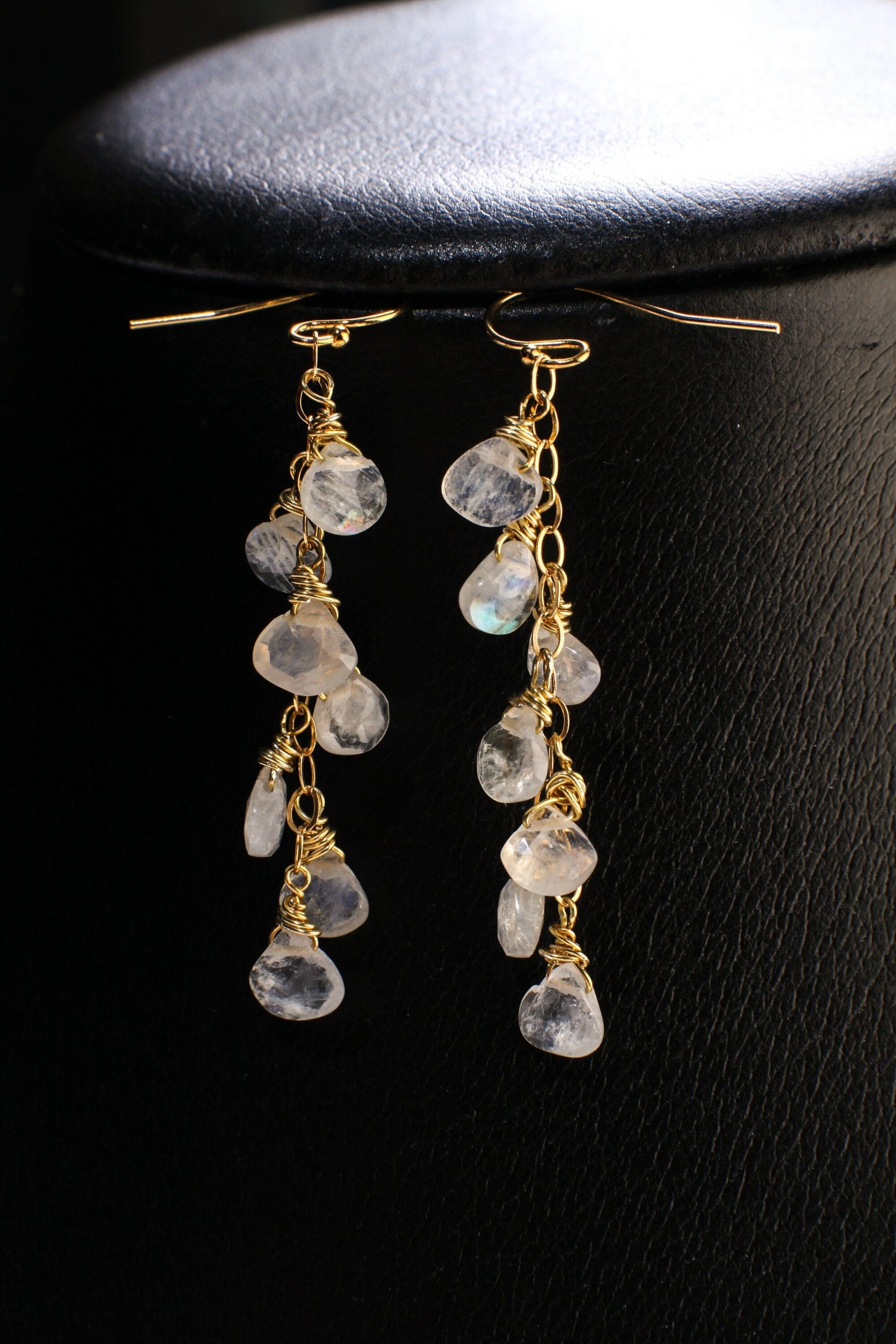 Rainbow Moonstone Faceted Heart Teardrop 14K Gold Filled Cascade Earrings, Handmade wire wrap natural Gemstone Bridal June birthdtone Gift