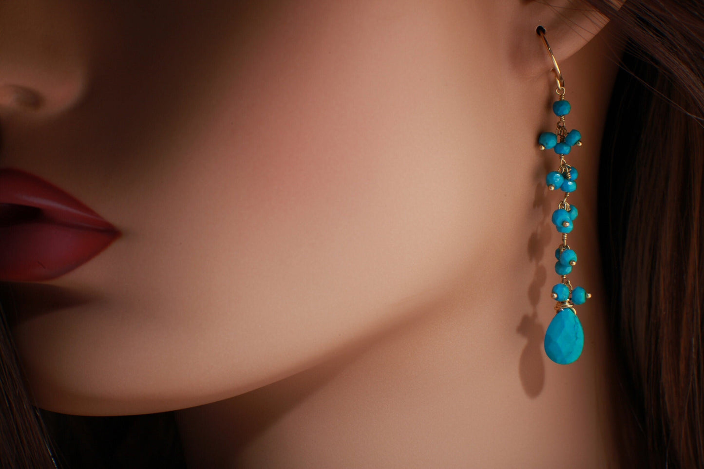 Genuine blue Turquoise Wire Wrapped dangling sleeping beauty tear drop,gold vermeil long earring.