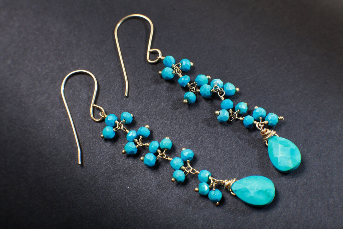 Genuine blue Turquoise Wire Wrapped dangling sleeping beauty tear drop,gold vermeil long earring.