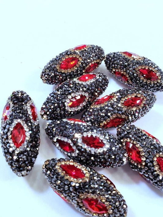 Ruby Crystal, Rhinestone Pave Crystal Gold, Silver Bead, Center Drilled, 15x36mm Sparkly Bead, Bling Spacer or Focal Bead.