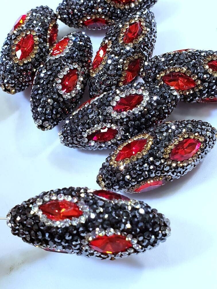 Ruby Crystal, Rhinestone Pave Crystal Gold, Silver Bead, Center Drilled, 15x36mm Sparkly Bead, Bling Spacer or Focal Bead.