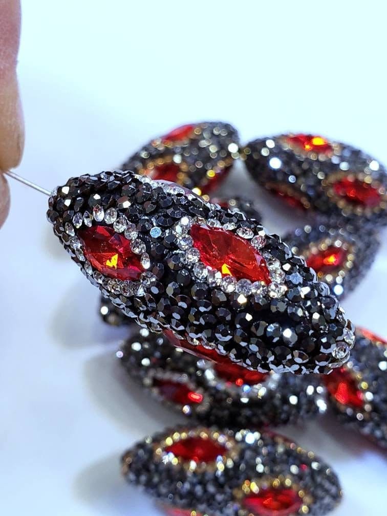 Ruby Crystal, Rhinestone Pave Crystal Gold, Silver Bead, Center Drilled, 15x36mm Sparkly Bead, Bling Spacer or Focal Bead.