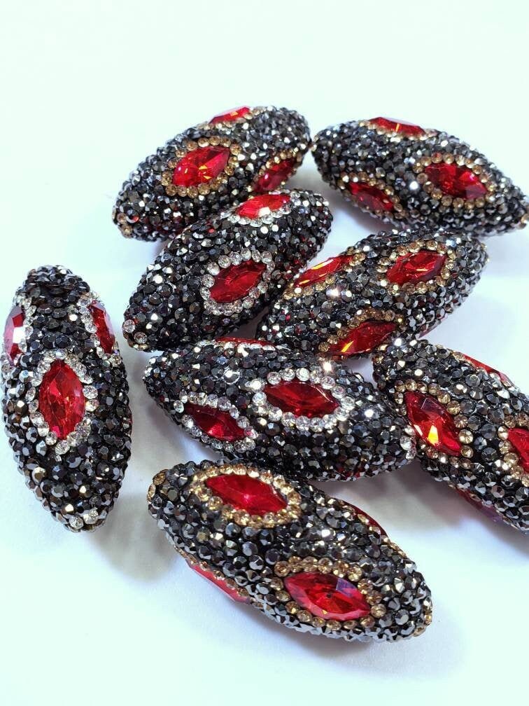 Ruby Crystal, Rhinestone Pave Crystal Gold, Silver Bead, Center Drilled, 15x36mm Sparkly Bead, Bling Spacer or Focal Bead.