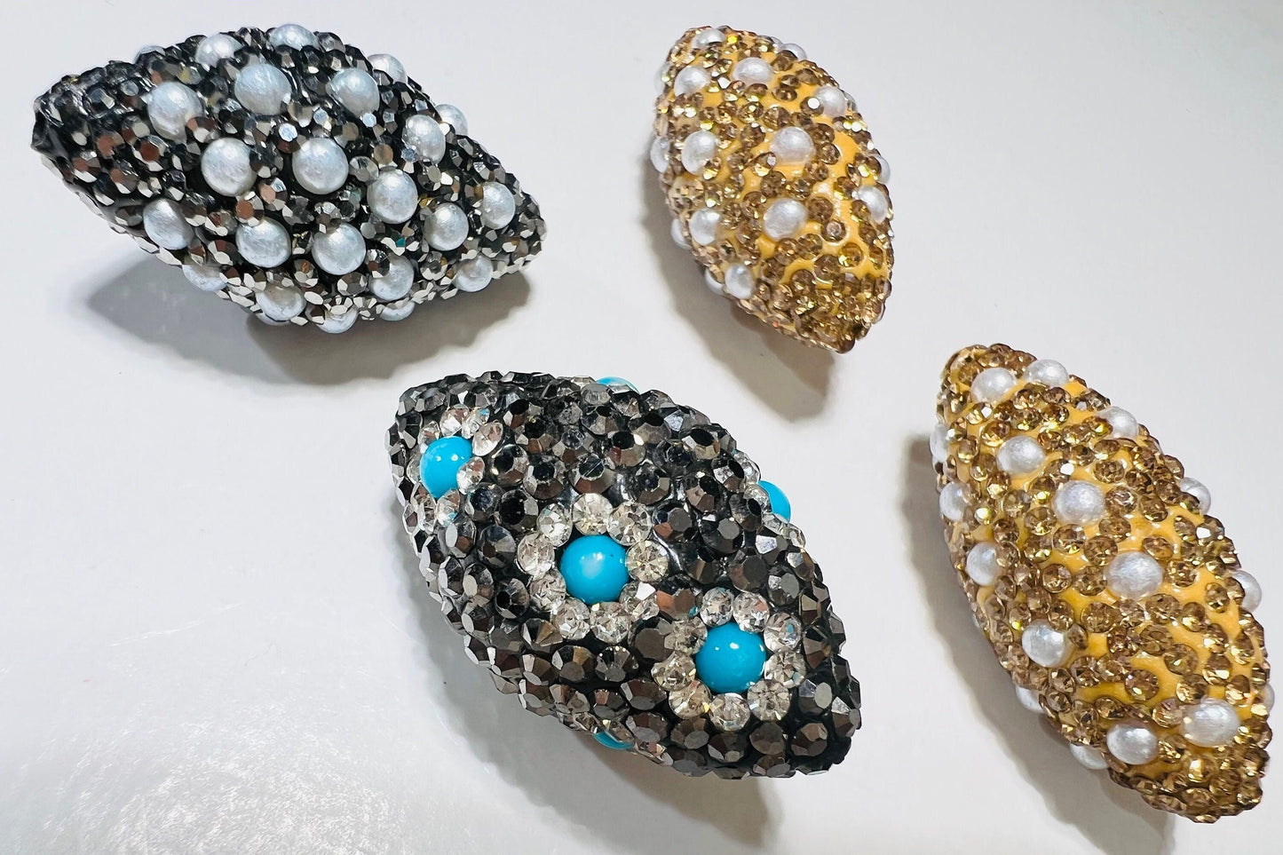 Pearl and Turquoise with Gold & Black Crystal Pave Rhinestone Handmade Fancy Focal Bead, 30-35mm Long, 1 pc, Jewelry Making Bling Bead