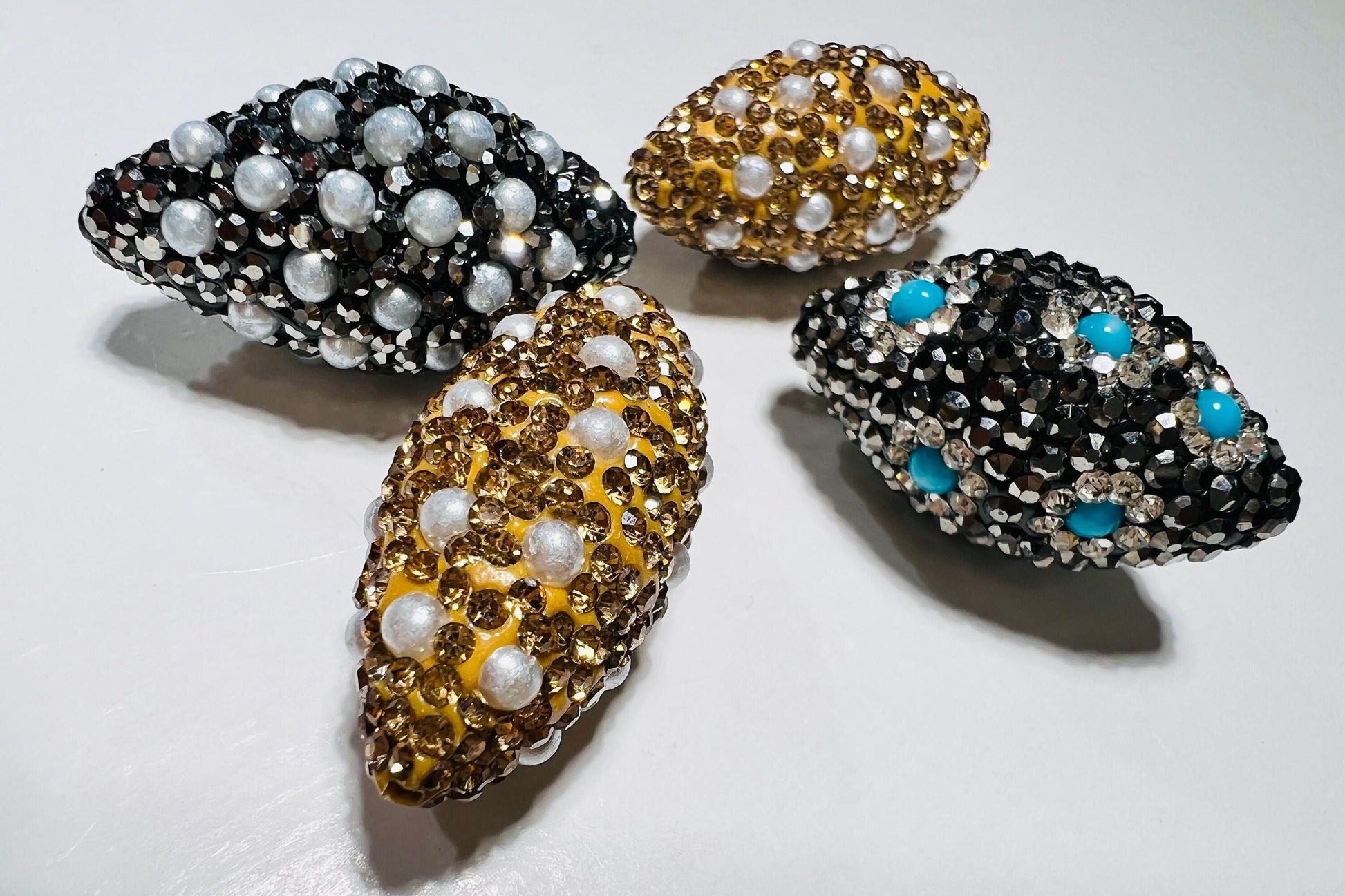 Pearl and Turquoise with Gold & Black Crystal Pave Rhinestone Handmade Fancy Focal Bead, 30-35mm Long, 1 pc, Jewelry Making Bling Bead
