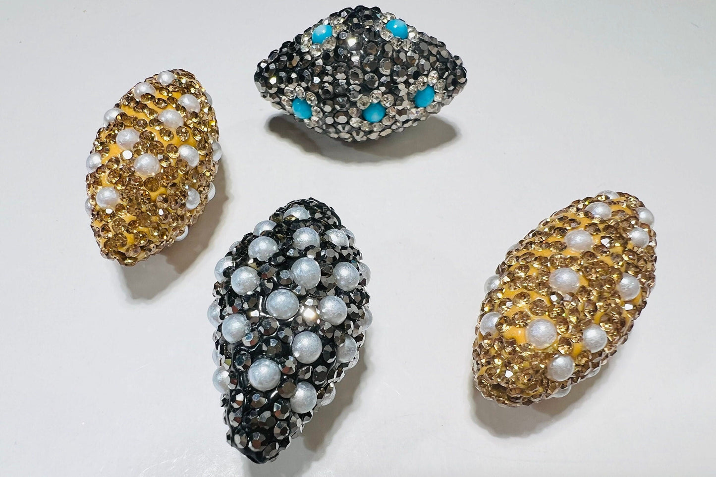 Pearl and Turquoise with Gold & Black Crystal Pave Rhinestone Handmade Fancy Focal Bead, 30-35mm Long, 1 pc, Jewelry Making Bling Bead