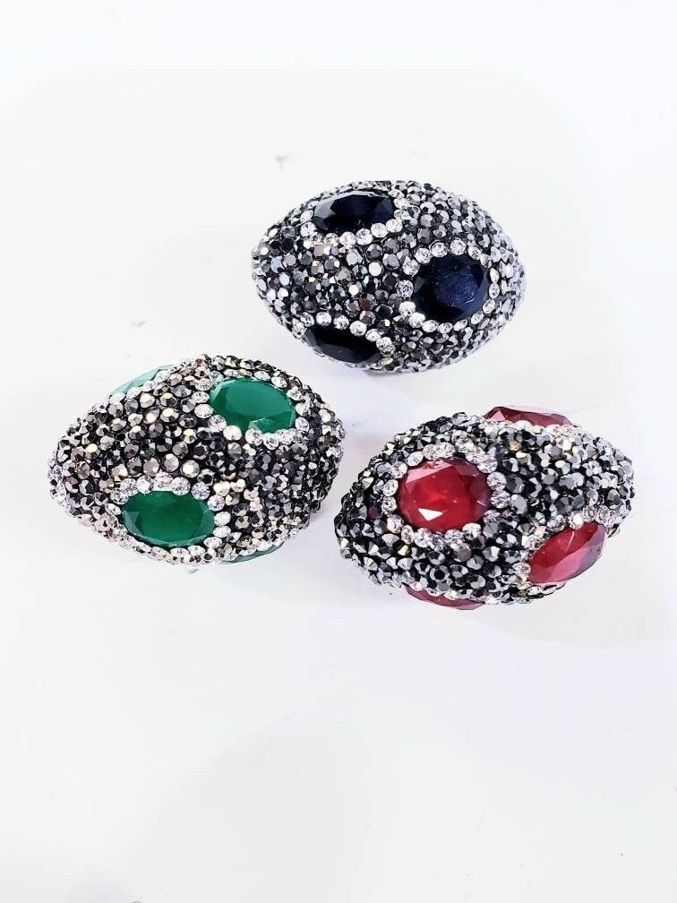 Ruby (20x31mm),sapphire (22x31mm),Emerald (22x34mm) crystal quartz pave inlaid with black, white crystal oval connector, Focal bead, Bling