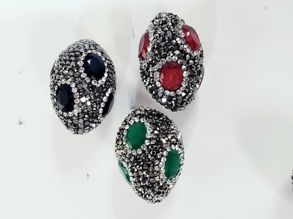 Ruby (20x31mm),sapphire (22x31mm),Emerald (22x34mm) crystal quartz pave inlaid with black, white crystal oval connector, Focal bead, Bling